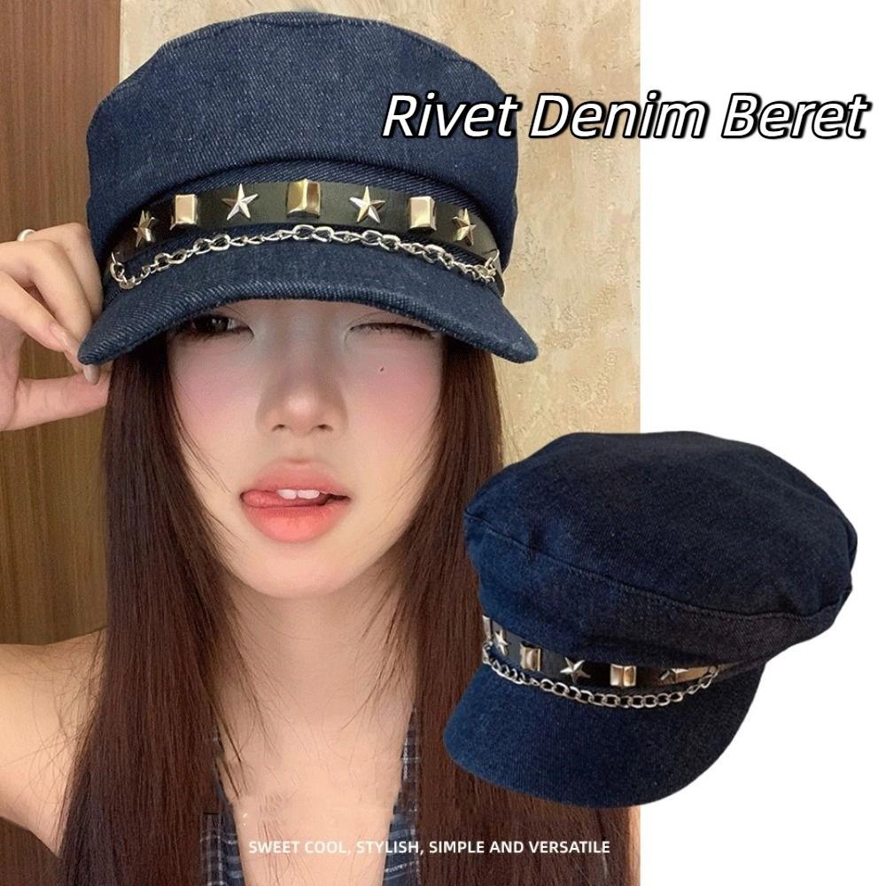 Cloth Denim Octagonal Hat Korean Style Retro Painter Hat Fashion Rivet Denim Beret  Travel