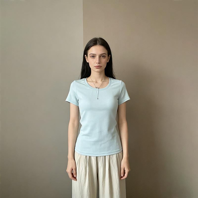 

Summer New Shoulder Slim and Thin Collar Short-sleeved Shirt Women s Casual Versatile White Round Neck American Top Clothing XL королівський синій колір