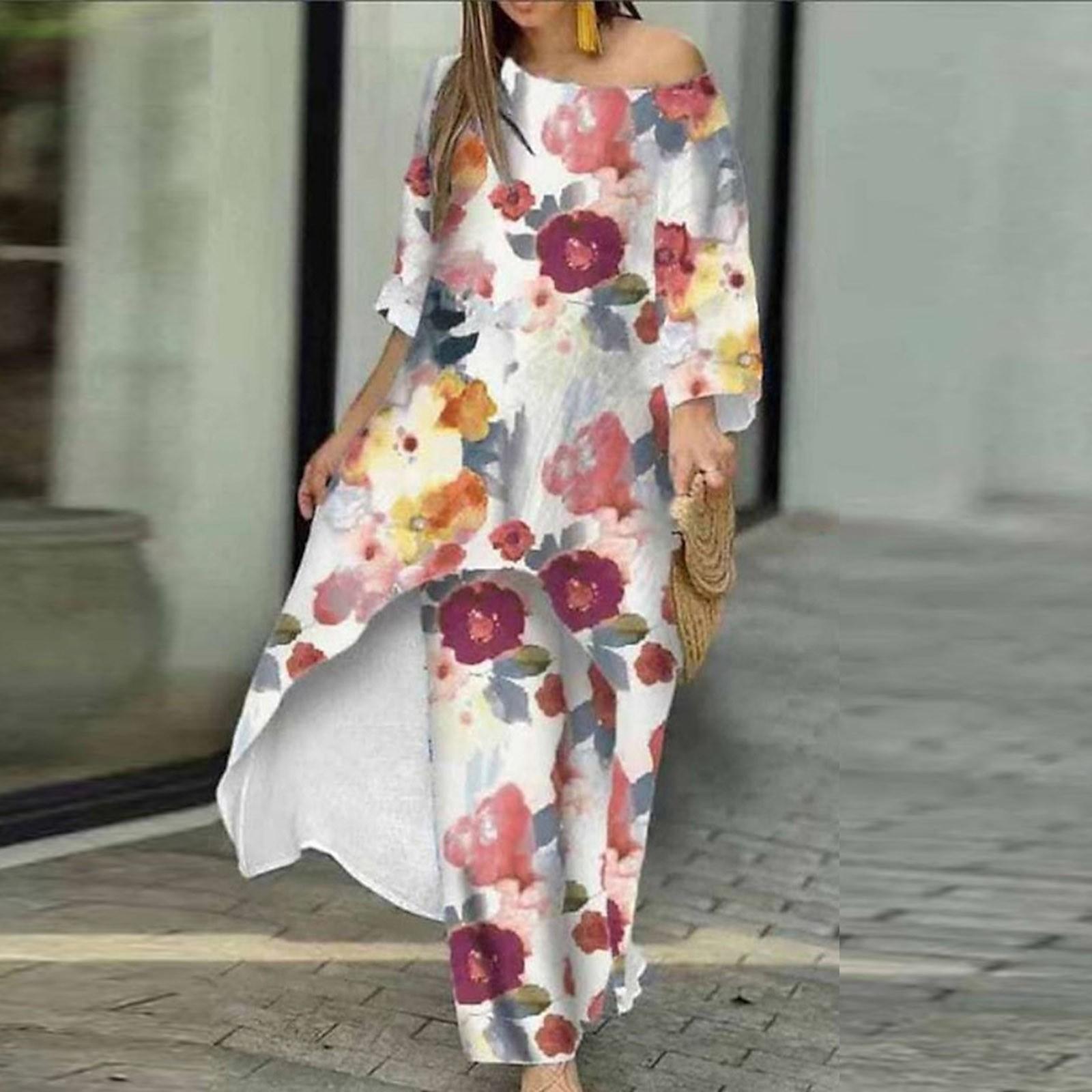 

Комплекты из 2 предметов для женщин, летние повседневные свободные топы с цветочным принтом, широкие брюки, подходящие повседневные комплекты M красный