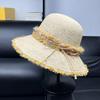 Japanese Bucket Hat Handmade Raffia Rainbow Edge UV Protection Sun Hat Dome Basin Hat Vacation Beach Straw Hat