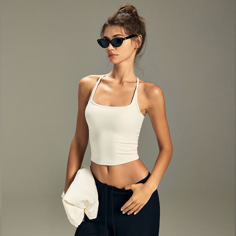 

Mitaogirl Kendall Wear Sports Vest Women s Outer Wear with Chest Pad Sling Fitness Yoga Wear I-Shaped Tops Beige(Fixed chest pad breathable beautiful back) S