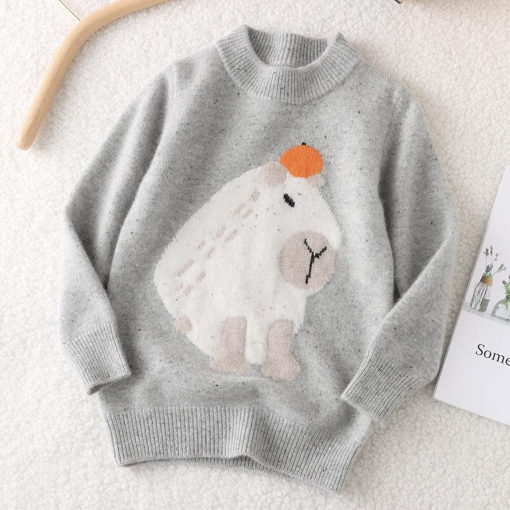 Hochwertiger 100% reine Wolle Kinder Pullover mit halbem Rollkragen Capybara Strick - Doppelfaden Verdickt