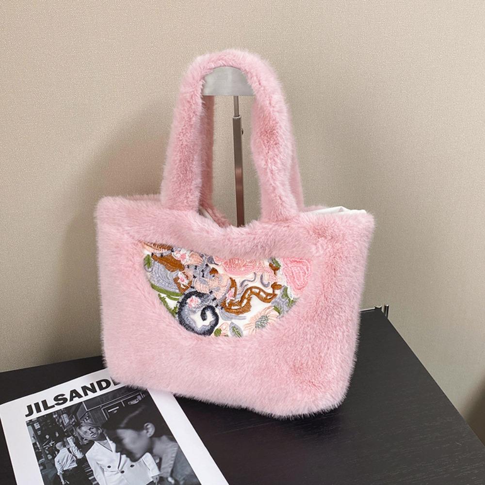 

Chinese Style Plush Tote Bag Large Capacity Plush Change Pouch Plush Handbag Key Lipstick Earphone розовый