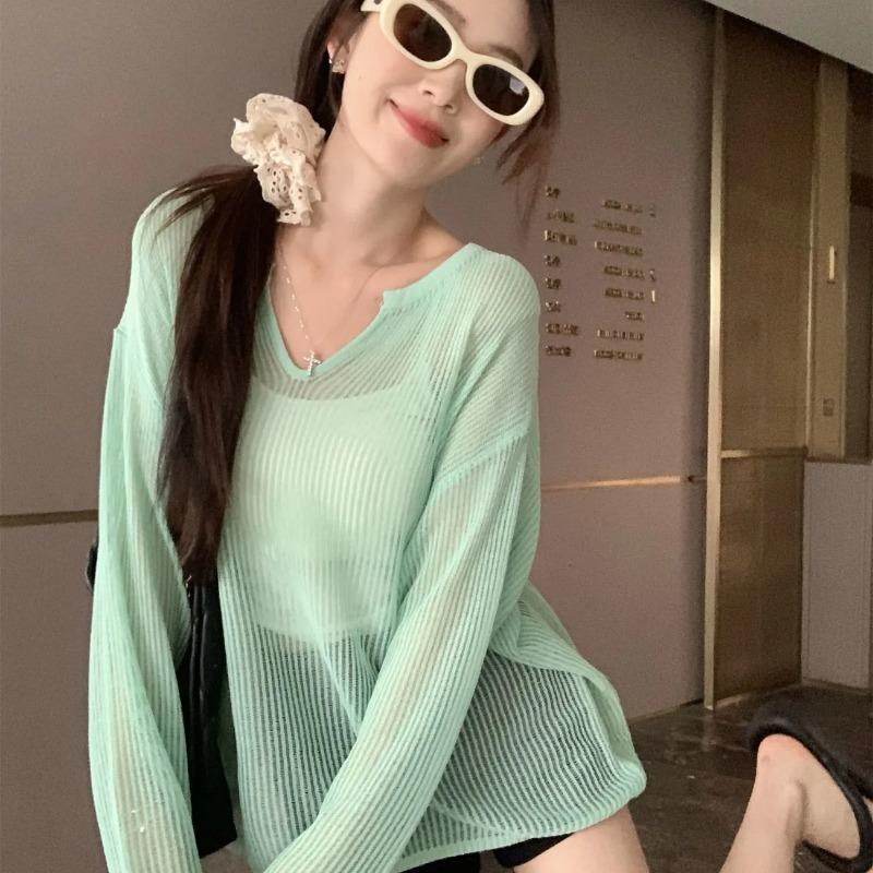 Women's Summer Sheer Knit Long Sleeve Top V Neck Oversized Casual Tee