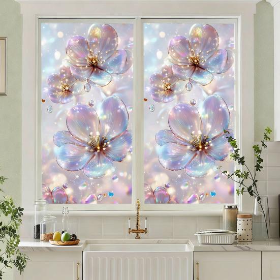 Flowers Window Privacy Film Stained Glass Tulip Butterfly Window Cling Static Glass Sticker for Home Kitchen Office Bathroom