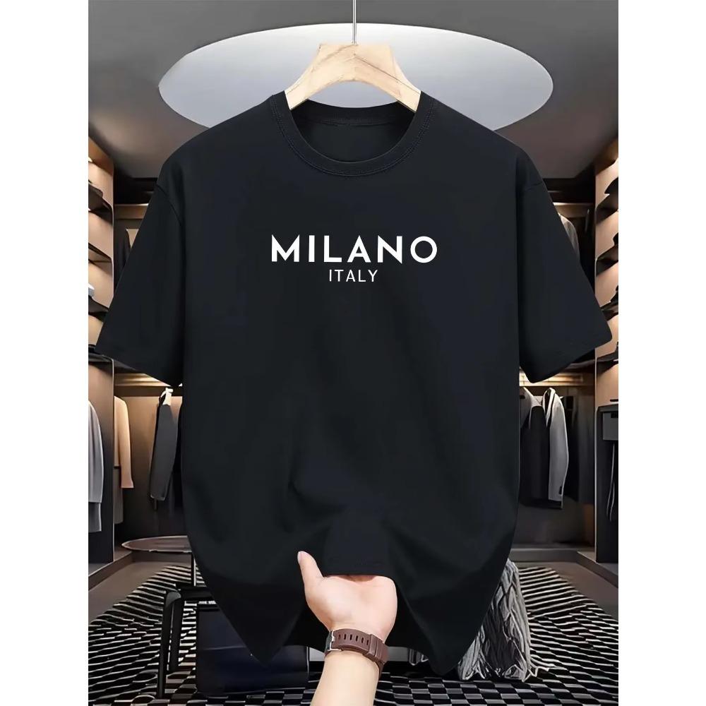Summer men's 100% pure cotton casual loose and fashionable MILANO ITALY letter printed round neck short sleeved T-shirt top