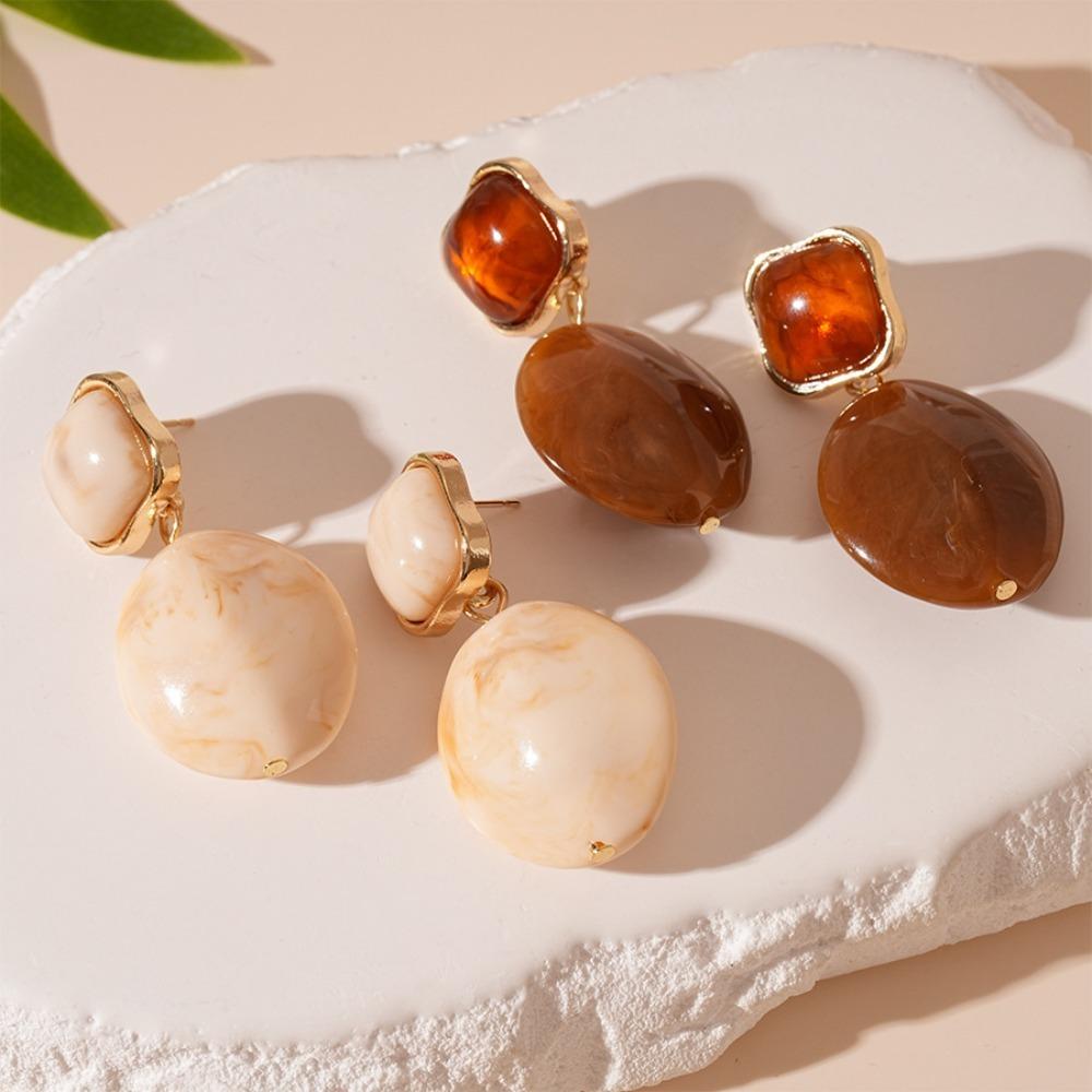 Retro Amber Tone Resin Marble Pattern Drop Earrings Double Layer Geometric Oval Dangle Earrings for Women Statement Jewelry Gift
