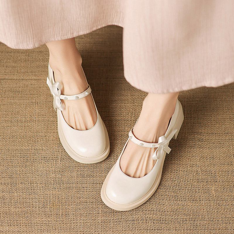 Krazing Pot Microfiber Round Toe Thick Med Heels Spring Summer Shoes Big Size 43 Pearl Bowtie Women Platform Pumps