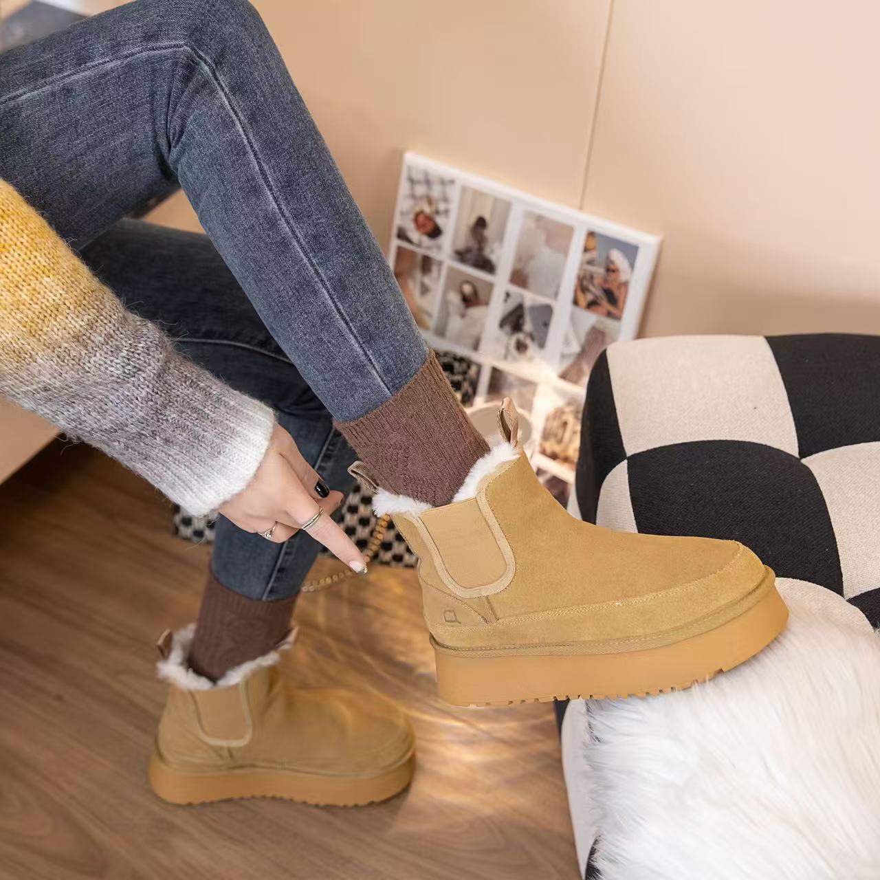 

Европейская станция 2025 зима кожаные ботинки на высокой платформе женские универсальные повседневные овчина мех интегрированные термохлопковые ботинки 35