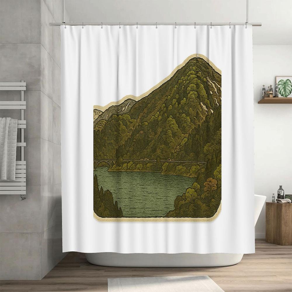 Vintage Landscape Shower Curtain Rustic Mountain Lake Nature Backdrop Bathroom Decor Farmhouse Scenic Wall Hanging Artistic Room