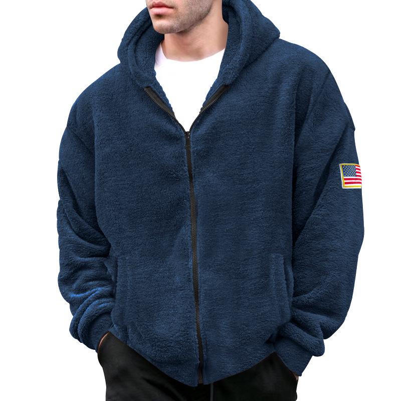 Men's 2023 Double-Sided Fleece Hooded Flag Logo Jacket