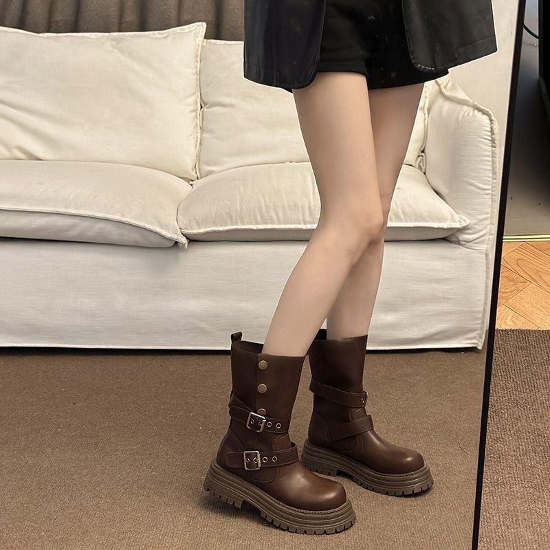 Brown retro thick heel thick-soled Martin boots women's new autumn and winter British style slimming and heightening medium boots
