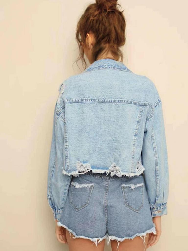 Dark Blue Women's Frayed Denim Jacket - Autumn Fashion Short Style