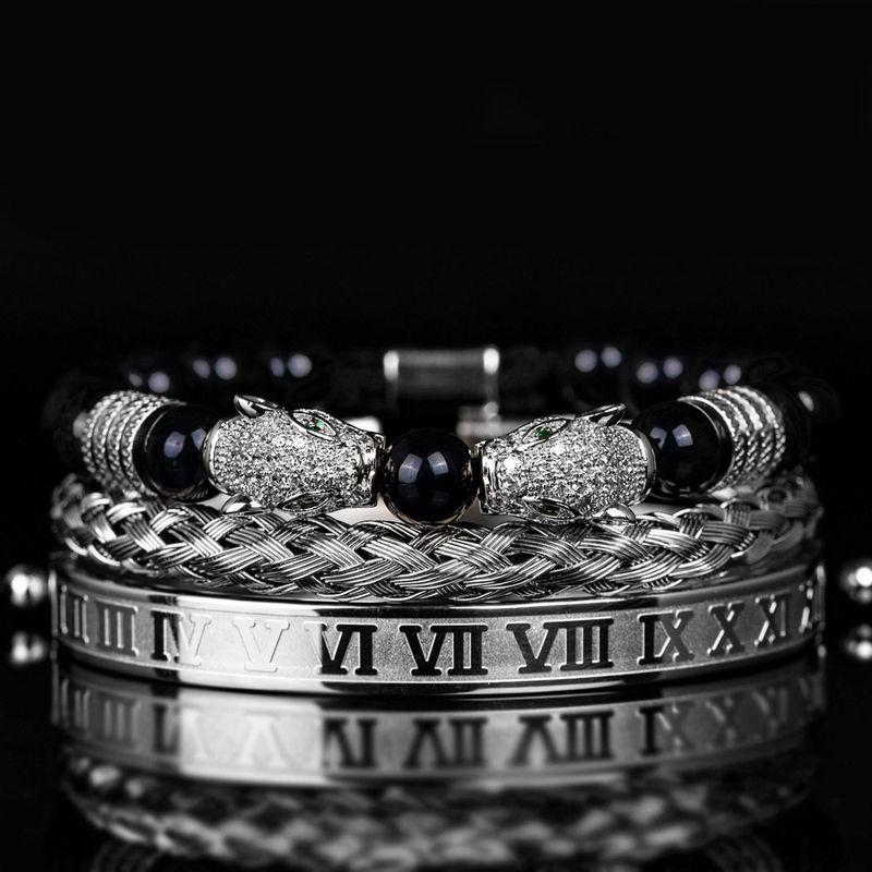 Men Black Double Leopard Head Braided Bracelet Stainless Steel Roman Numeral Bracelet Suit Fashion Retro Style