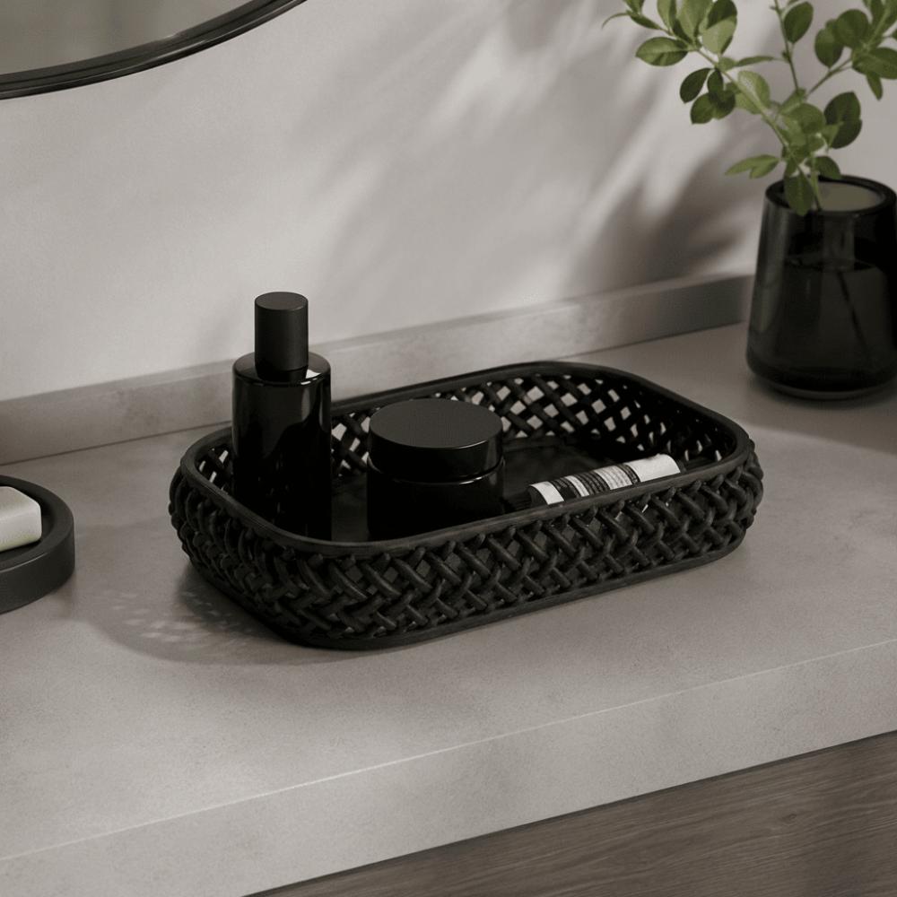 Makeup Storage Imitation Rattan Desk Storage Tray Hollow Out Organizer Woven Storage Tray Simple Jewelry Storage Box Desktop