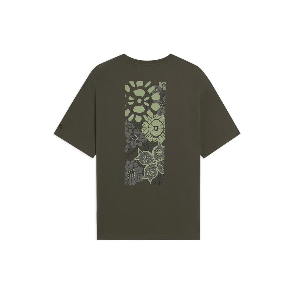 Li Ning Floral Print Relaxed Crew Neck T-Shirt Unisex Tops Deep-Olive-Green ATSS597-2