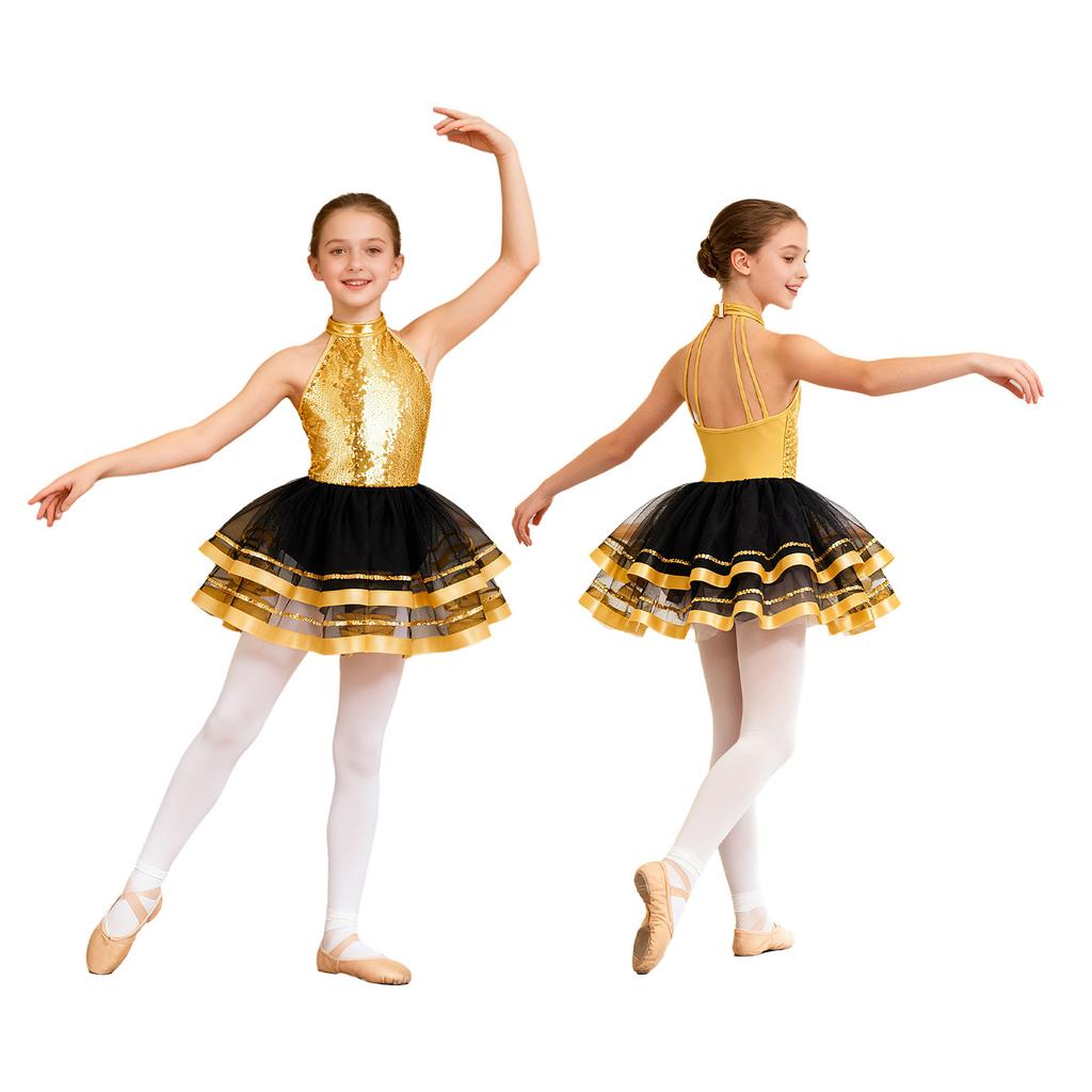 Girls Kids Sparkling Sequins Ballet Tutu Dress Modern Jazz Dance Outfit Stage Performance Costume Dancewear