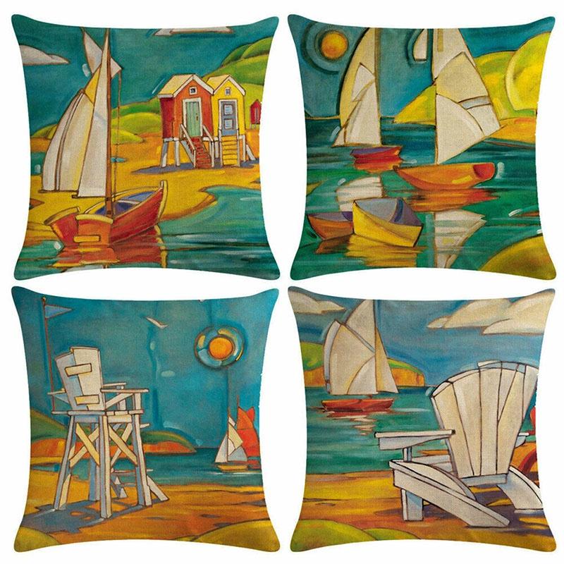 Luxurious Cotton Linen Beach Oil Painting Pillow Cover For Elegant Home Dcor