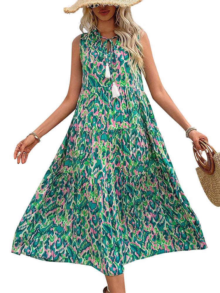 2026 European & American Summer Resort Sleeveless V-Neck Tassel Abstract Print Dress for Women