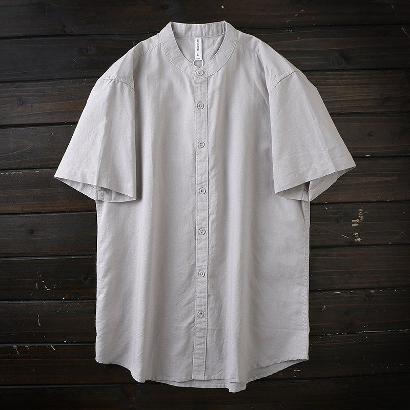 Cotton and Linen Washing Process! Export Tail Goods Summer Men Small Stand Collar Pure Color Linen Breathable Short Sleeve Shirt Top