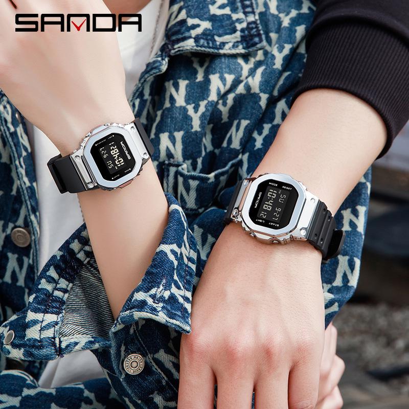 Sanda Couple's New Lift-Hand Light Digital Square Wristwatch