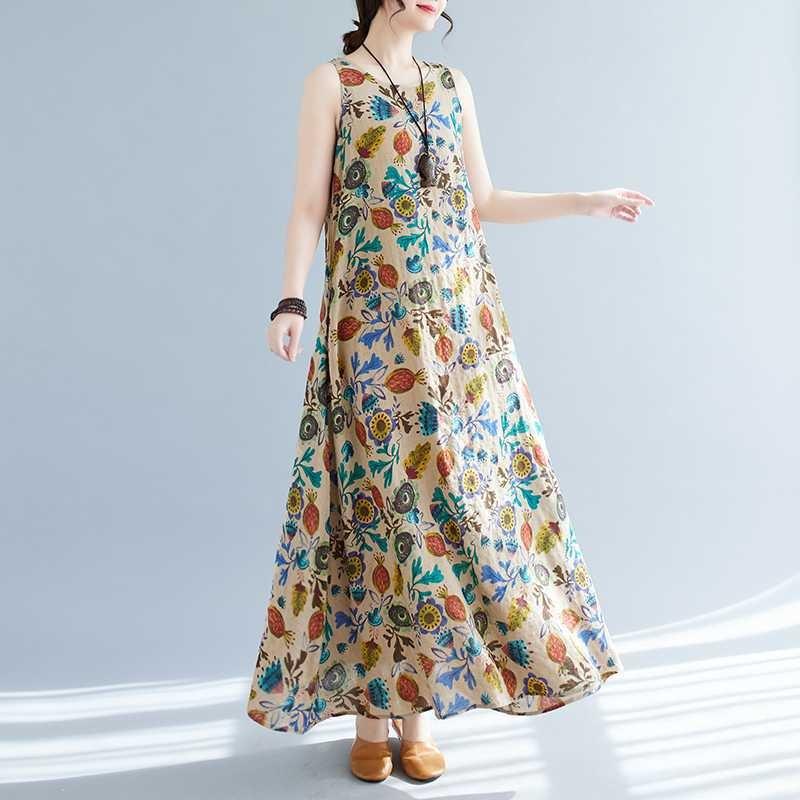 Long Skirt Summer New Sleeveless Round Neck Printed Mid Length Dress