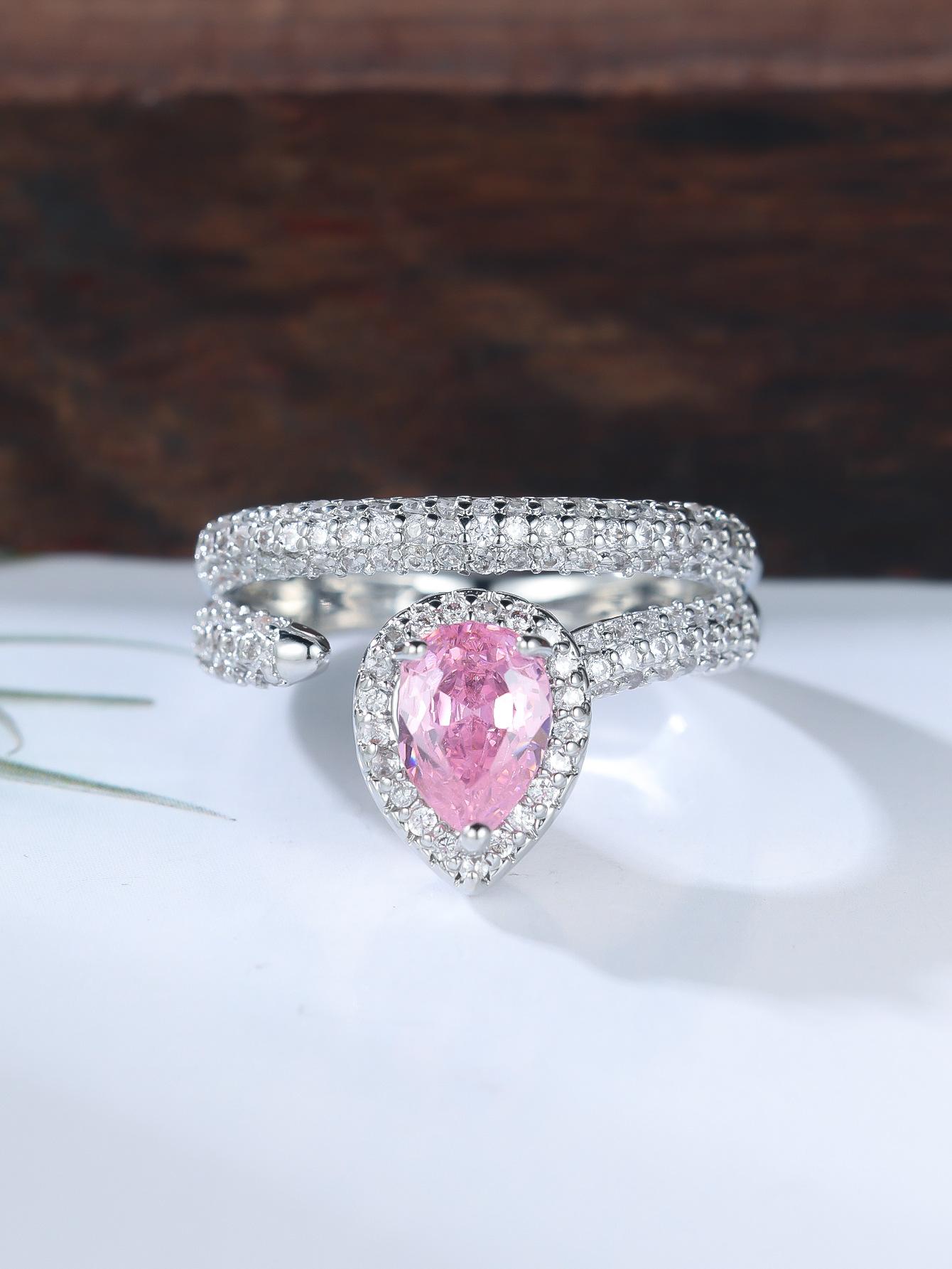 New ring white K round white diamond water drop pink diamond ring personalized ring no. 6