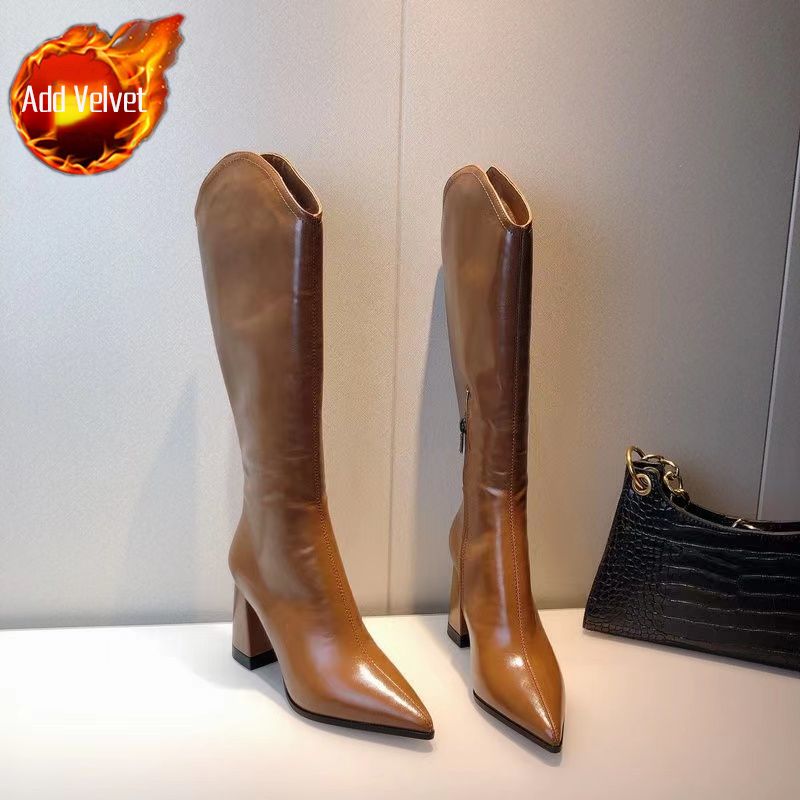 

Модные Элегантные Ботильоны Челси на Каблуке с Заостренным Носком Кожаные Сапоги до Колена Женские Осень Зима 2025 Новый Горячий Тренд ПУ Длинные Сапоги для Женщин 34