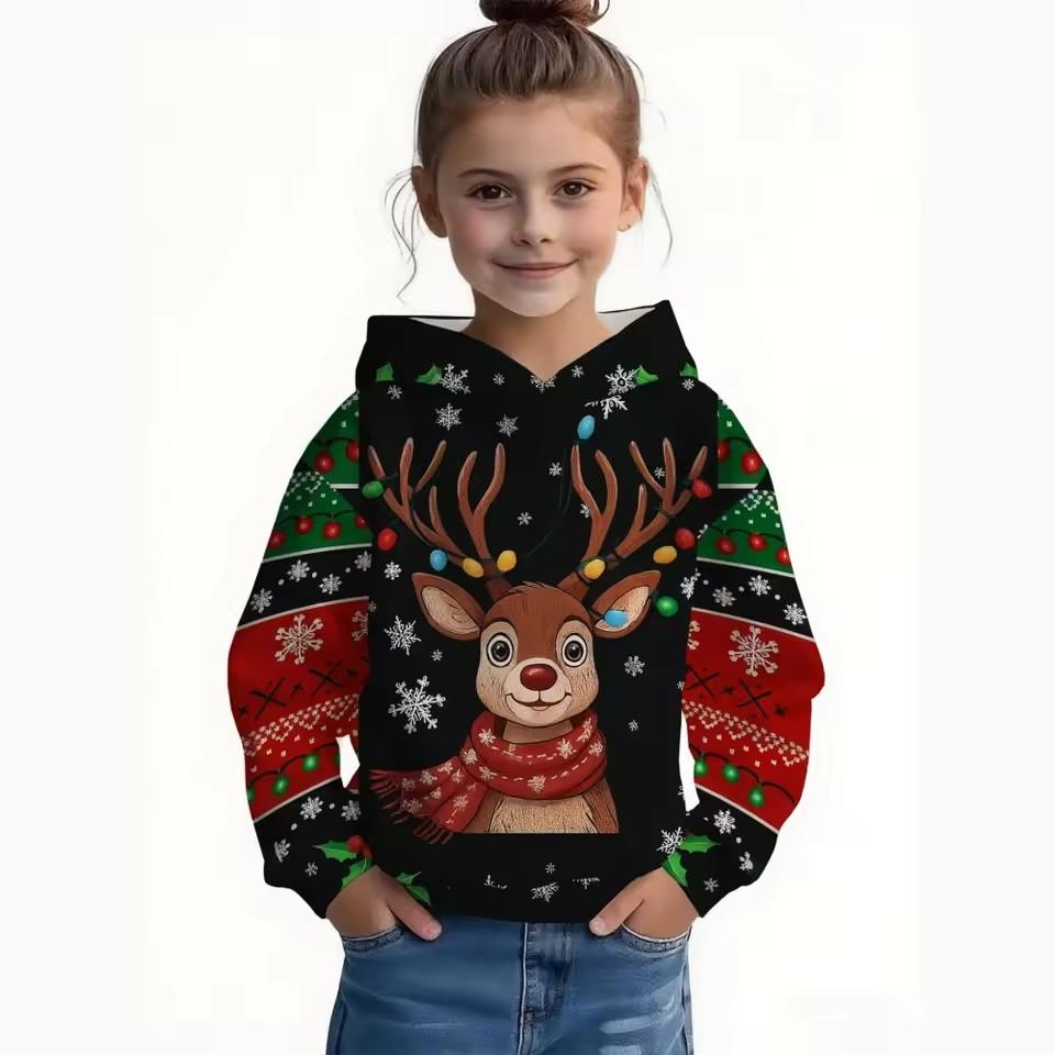 Cartoon Cat Full Print Girl Trendy Hoodie Sweatshirt, Comfort Fit Long Sleeve Jumper Tops, Children Kids Clothing Gift