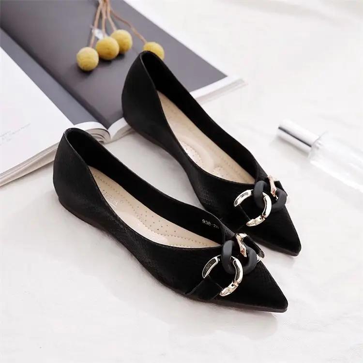 Fashion Black Women's Flat Shoes Low Heel Elegant Formal Ladies Footwear Pointed Toe White Luxury Brand Slip On Sale Wholesale Casual 39