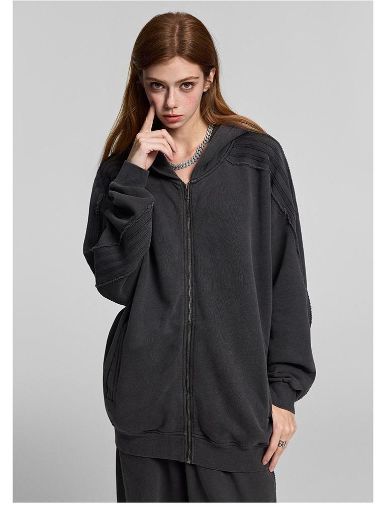 High Street Men's Retro Patchwork Hoodie - Pure Cotton Heavyweight 420G Loose Fit Zipper Jacket