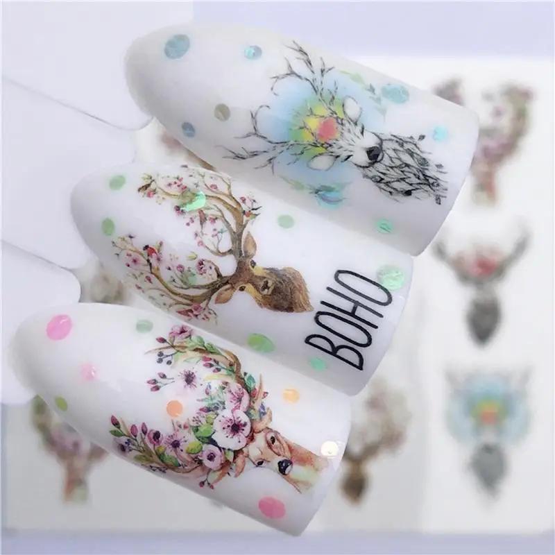 5 Pieces Lovely Animals Nail Sticker Flower Decal Animal Fox Wolf Flamingo Deer Design for Nail Art Decoration