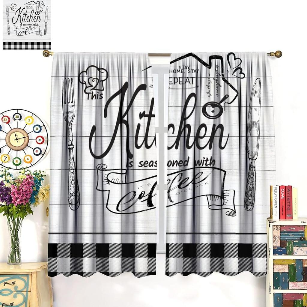 Farmhouse Rustic Kitchen Curtains, Vintage Fork Spoon Barn Rustic Plank Cafe Curtains Home Living Room Bedroom Blackout Curtains 2 Panels 42x45