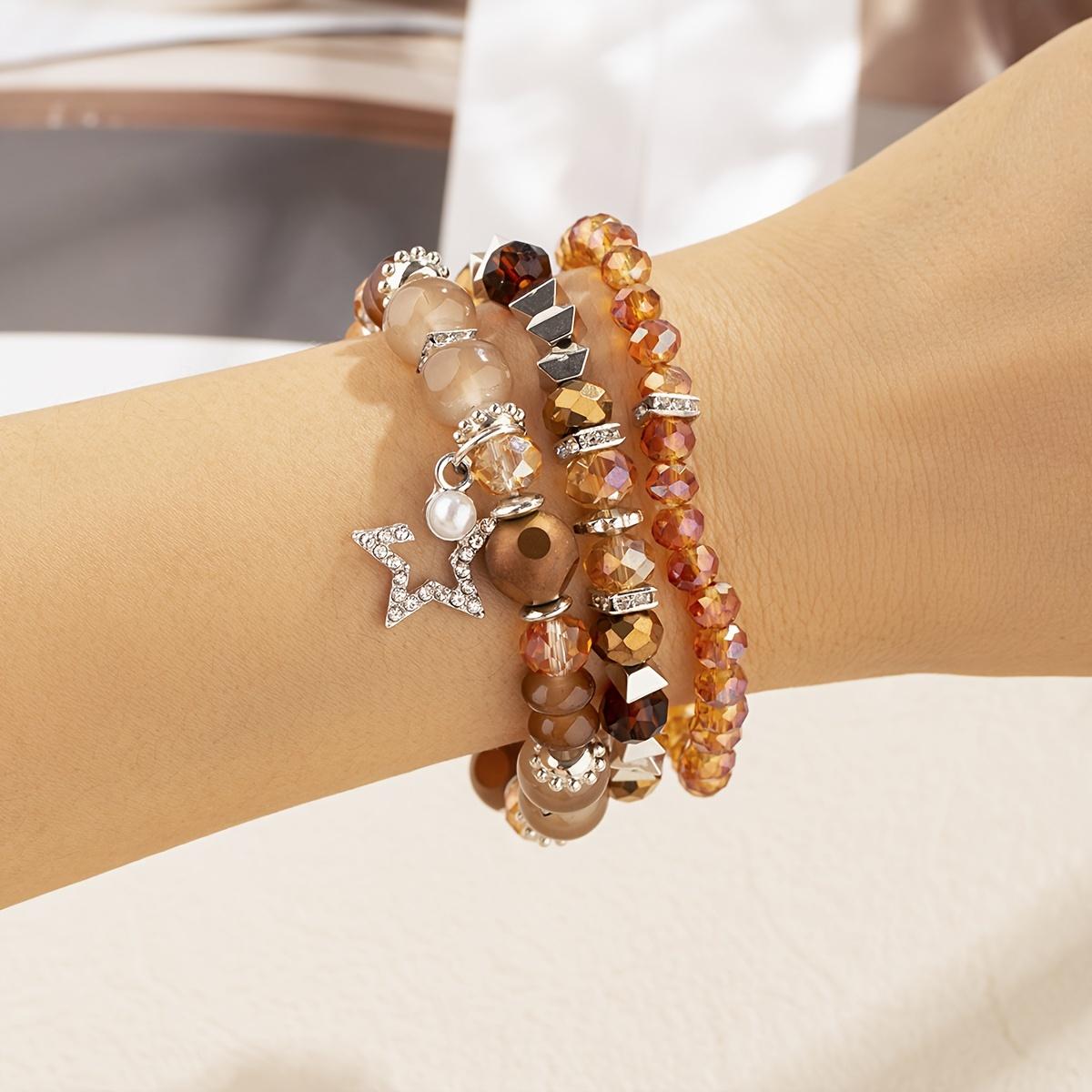 

3pcs Faux Crystal Beads Beaded Bracelet Set Stackable Handmade Hand String Jewelry Ornament One-size