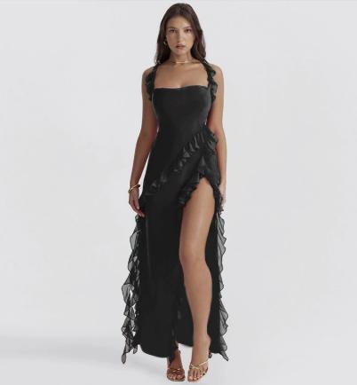 

Stylish and sexy ruffled trim dress with a slit - L One Size