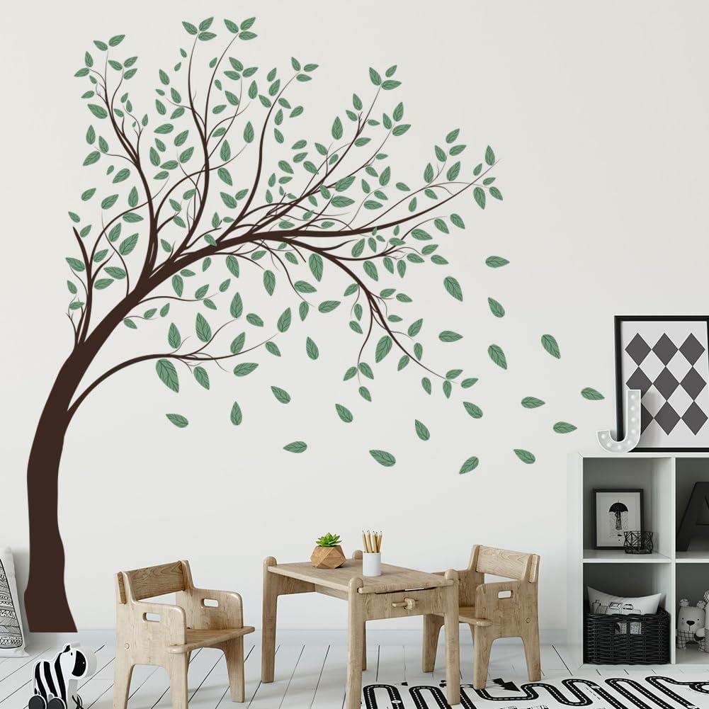 4 Sheets Green Tree Wall Decals Big Tree Wall Stickers Large DIY Peel and Stick Flying Leaves Wall Decor for Kids Bedroom Living Room Nursery Rooms