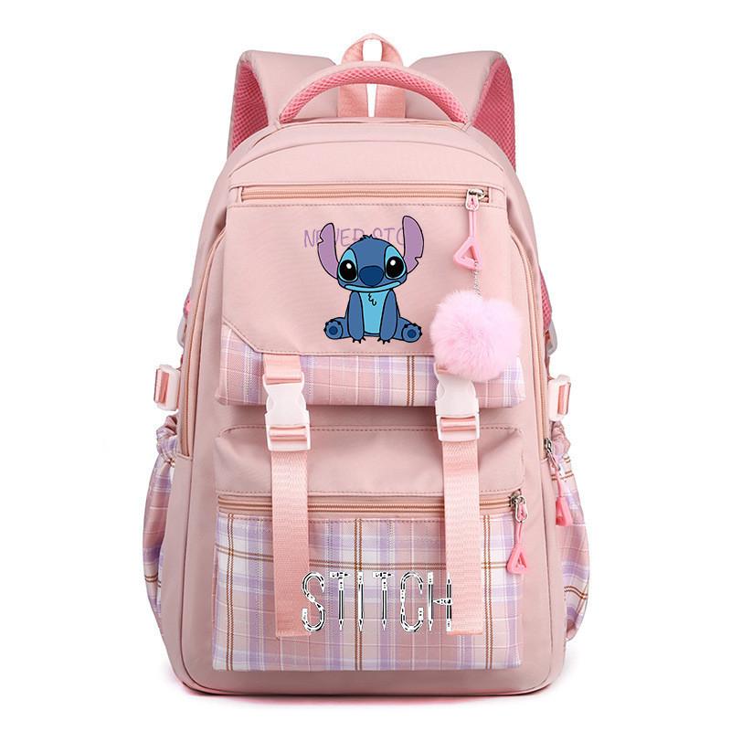 Cute Girl Backpack For School With Stitch Print And Checkered Patchwork Design For Middle School Students