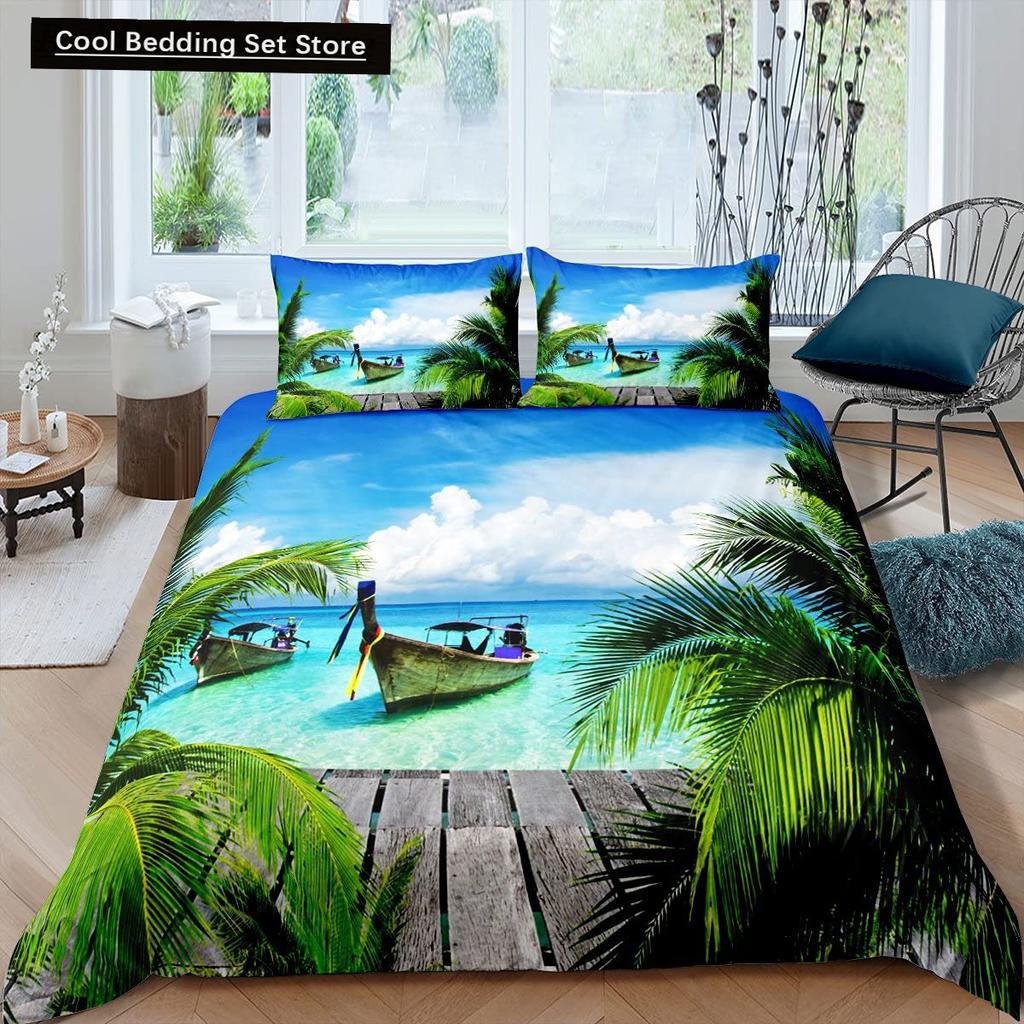 Summer Beach King Queen Duvet Cover Blue Ocean Fish Bedding Set Hawaiian Sea Palm Trees Quilt Cover Marine Life Comforter Cover