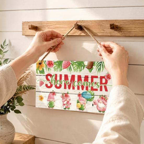 Summer Themed Gifts Wooden Hanging Sign, Beach Theme Welcome Sign Front Door Decor with Coastal Home Decorations Rope, Colorful Hanger for Seasonal