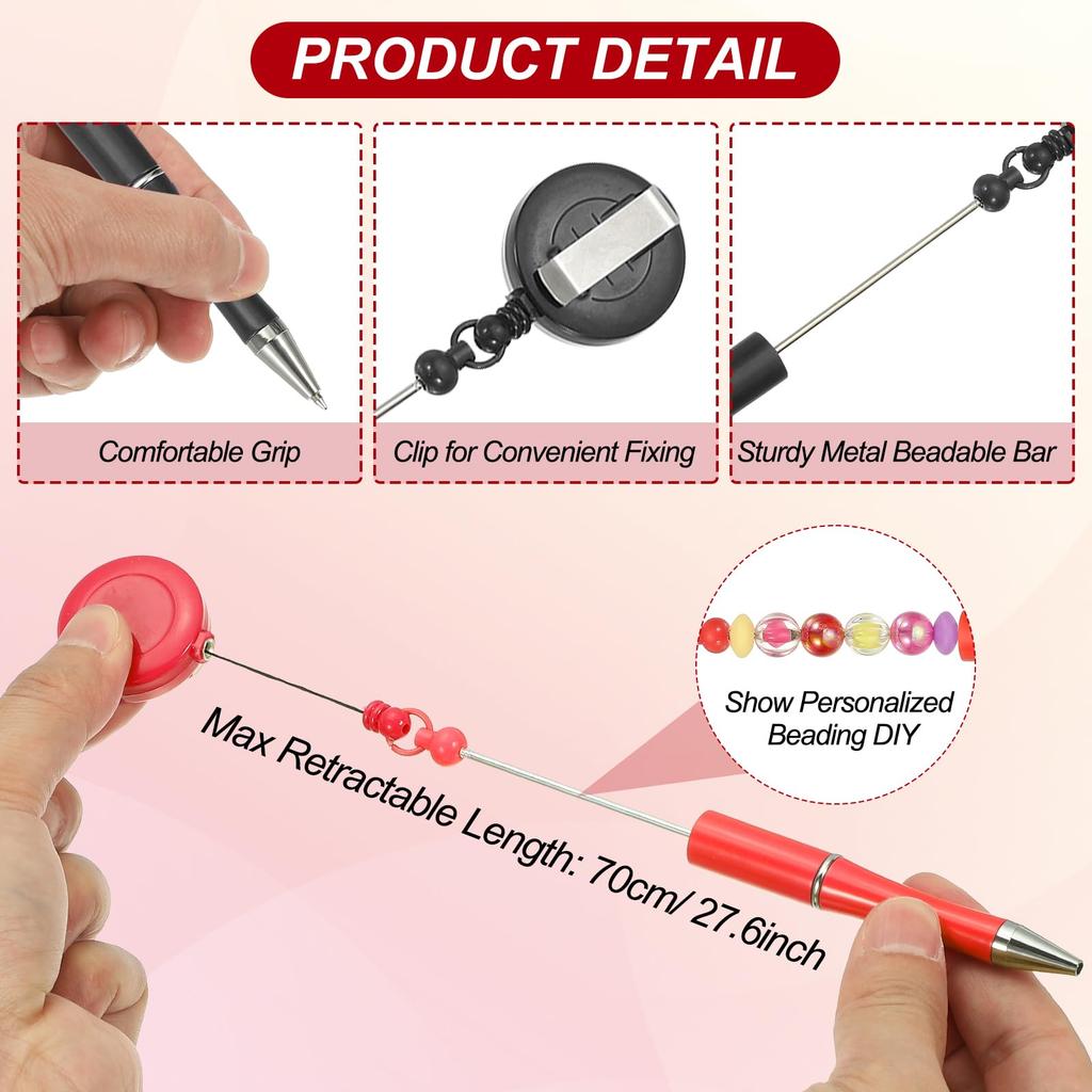PATIKIL 10pcs Bead Pens Retractable Badge Reel Bead Pens Bulk Bead Ballpoint Pens Black Ink for DIY Making Office Worker Waitress Writing Instrument