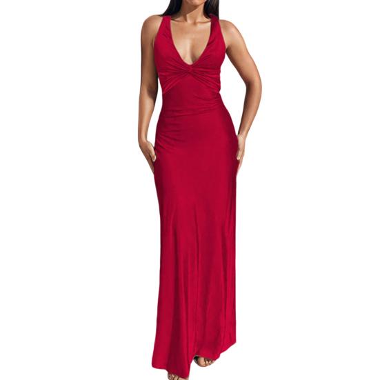 Women s Satin Maxi Prom Dress, V Neck Formal Wedding Guest Cocktail Dress, Sleeveless Twist Front Evening Party Gown S красный