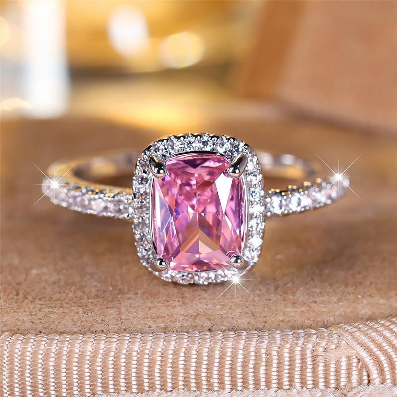 Luxury Female Girl Big Crystal Pink Square Zircon Stone Ring  Color Wedding Jewelry For Women