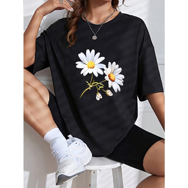 White Short Sleeve T Shirt With Daisy Flower Print For Casual Wear