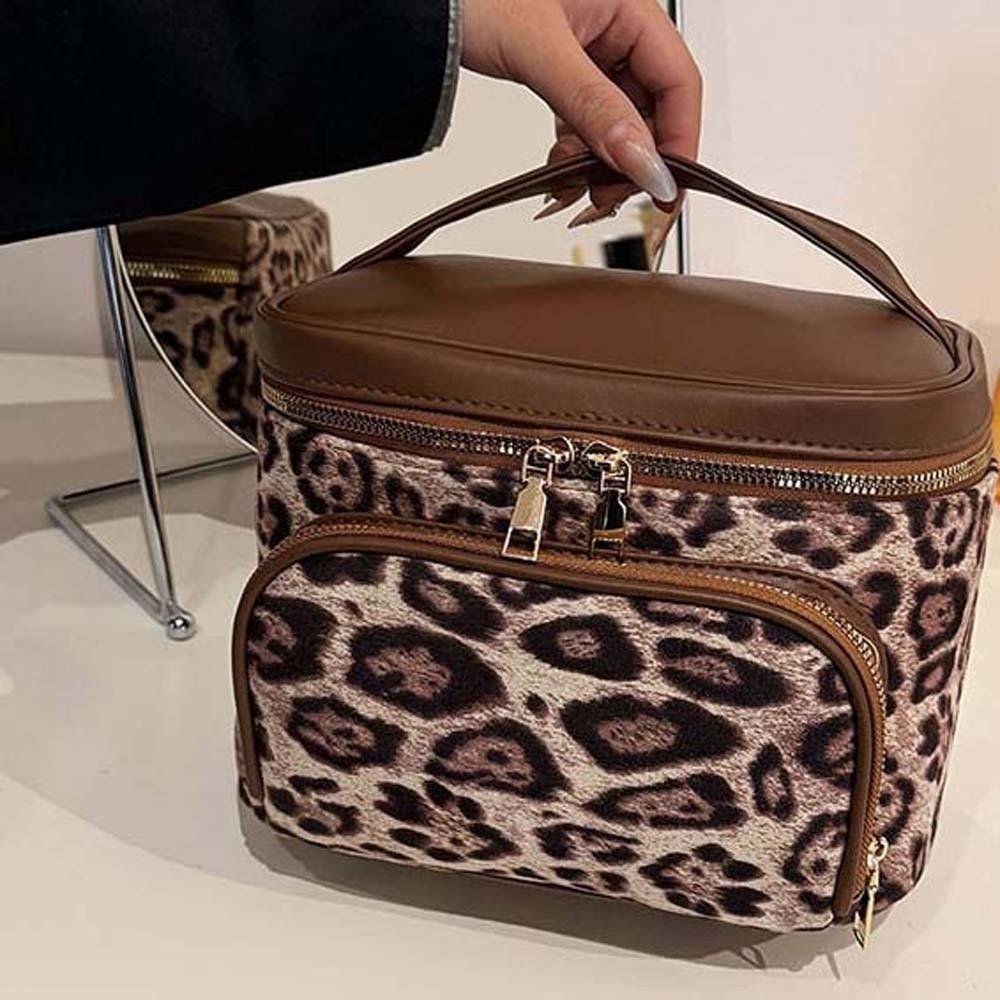 Large Capacity Leopard Print Cosmetic Bag Leather Pouch for Make Up Kit  Bathroom
