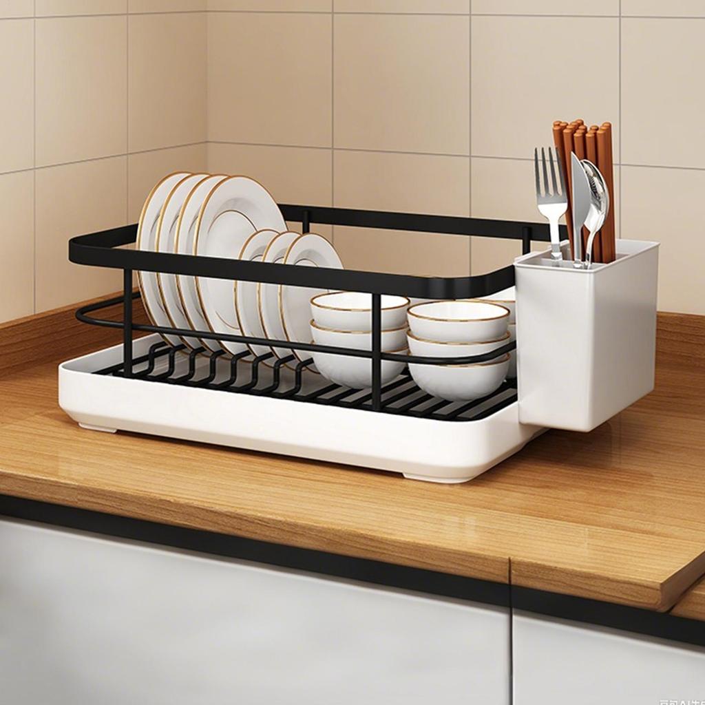 Dish Draining Rack Cutlery Rack with Drain Tray Cup Holder Cutlery Holder Kitchen Countertop Storage Rack Kitchen Accessories