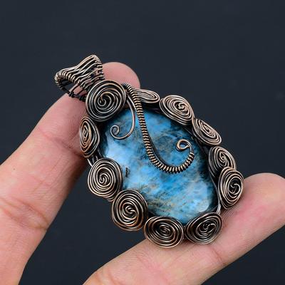 Neon Blue Apatite Gemstone Copper Wire Wrap Handmade Pendant Jewelry Gift For Love