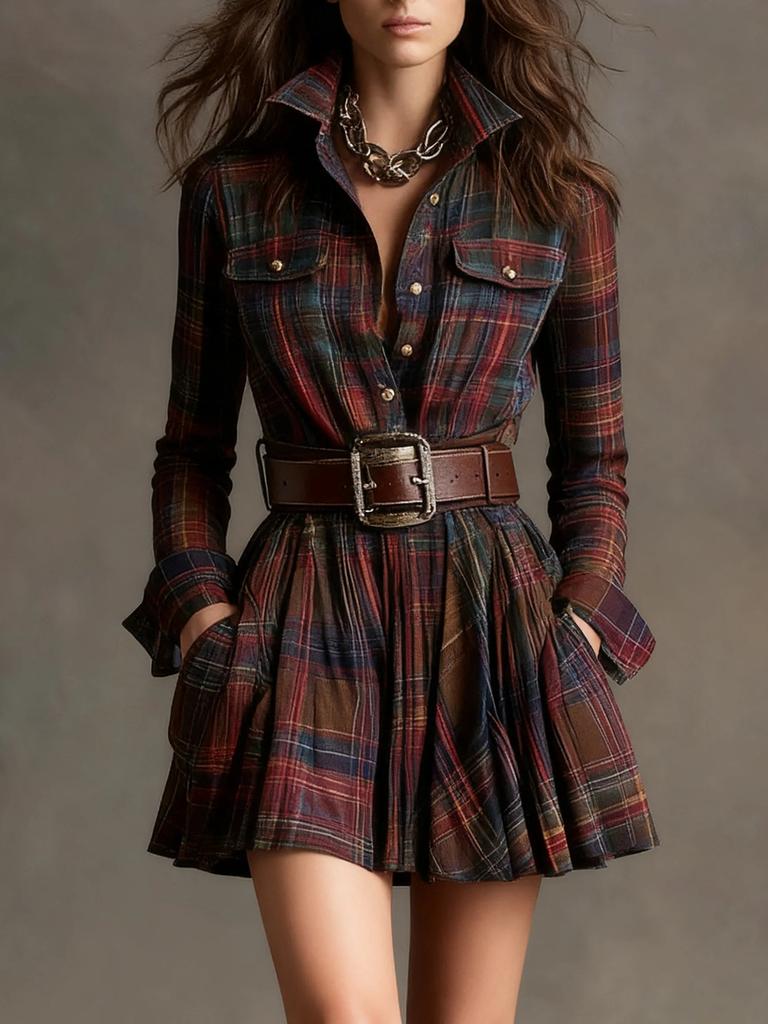 Women's Digital Printed Geometric Striped Shirt Dress with Waist Pocket