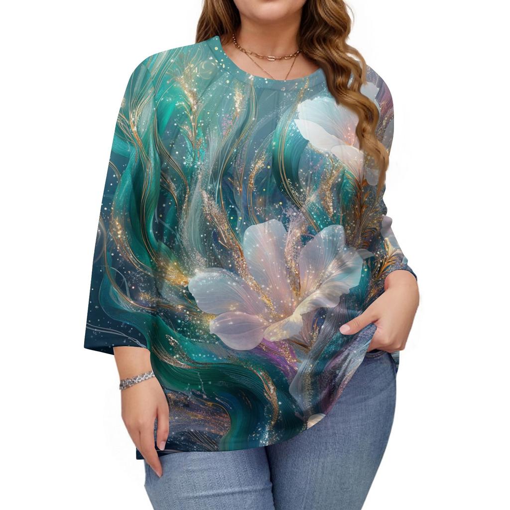 Women's Printed Round Neck Plus Size Tops 3/4 Sleeves Elegant Shirt Tops