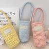 Cotton Fabric Water Bottle Protective Cover Heart Embroidery Plaid Design Fabric Cup Sleeve Pouch With Handle