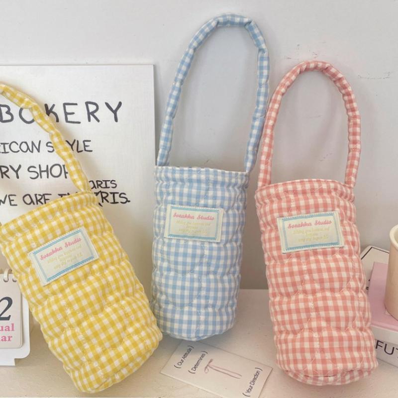 Cotton Fabric Water Bottle Protective Cover Heart Embroidery Plaid Design Fabric Cup Sleeve Pouch With Handle